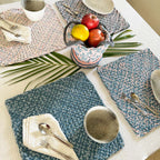 Set of 4 Hand-Woven Square Placemats / Dining Mats Blue Pink Grey Off White
