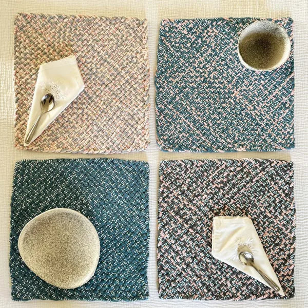 Image of Set of 4 Hand-Woven Square Placemats / Dining Mats Blue Pink Grey Off White