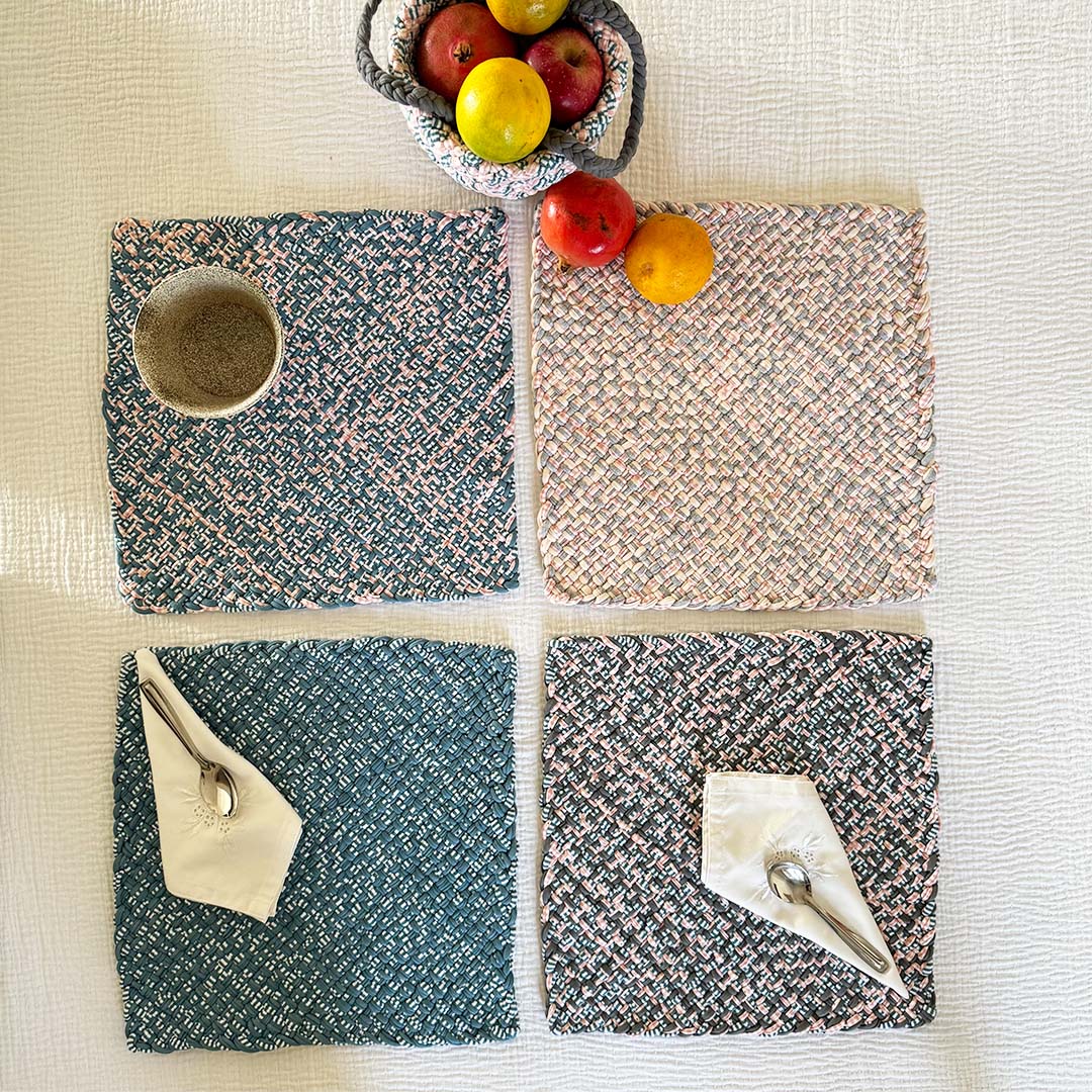 Image of Set of 4 Hand-Woven Square Placemats / Dining Mats Blue Pink Grey Off White
