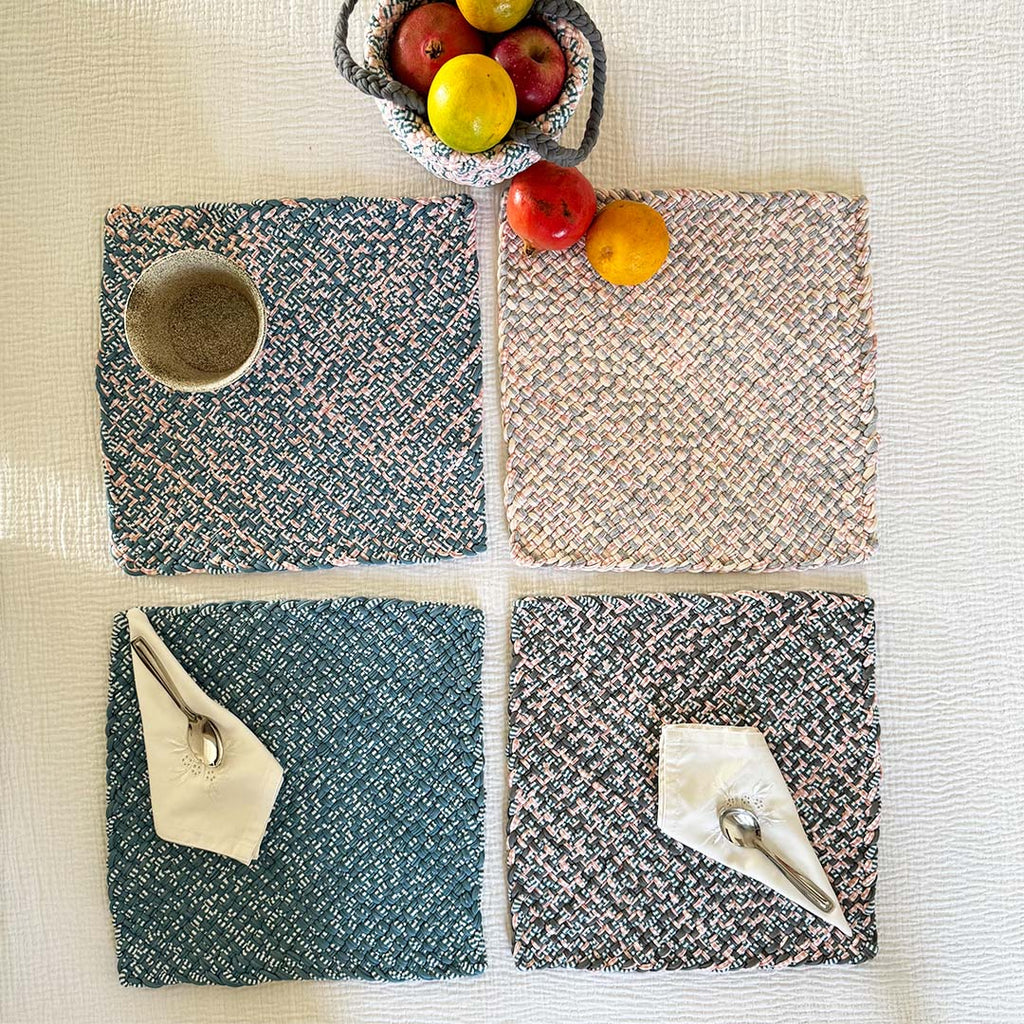 Set of 4 Hand-Woven Square Placemats / Dining Mats Blue Pink Grey Off White