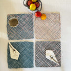 Set of 4 Hand-Woven Square Placemats / Dining Mats Blue Pink Grey Off White