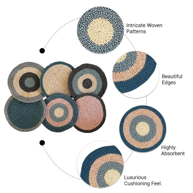 Image of Set of 6 Round Crochet Placemats / Dining Mats Blue, Pink, Grey, Off white