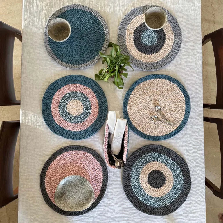 Image of Set of 6 Round Crochet Placemats / Dining Mats Blue, Pink, Grey, Off white