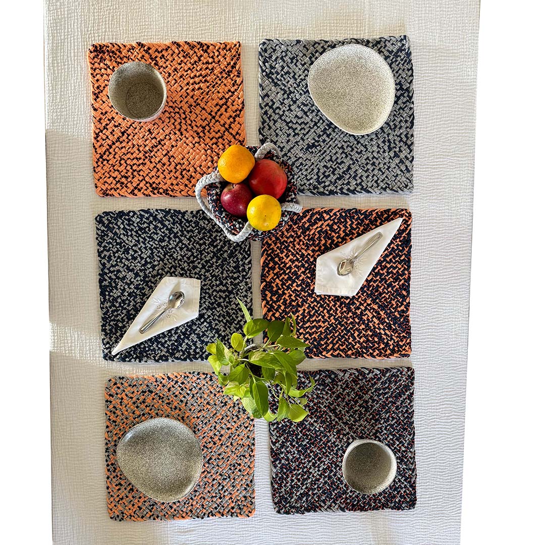 Image of Set of 6 Hand-Woven Square Placemats / Dining Mats Peach Navy Grey