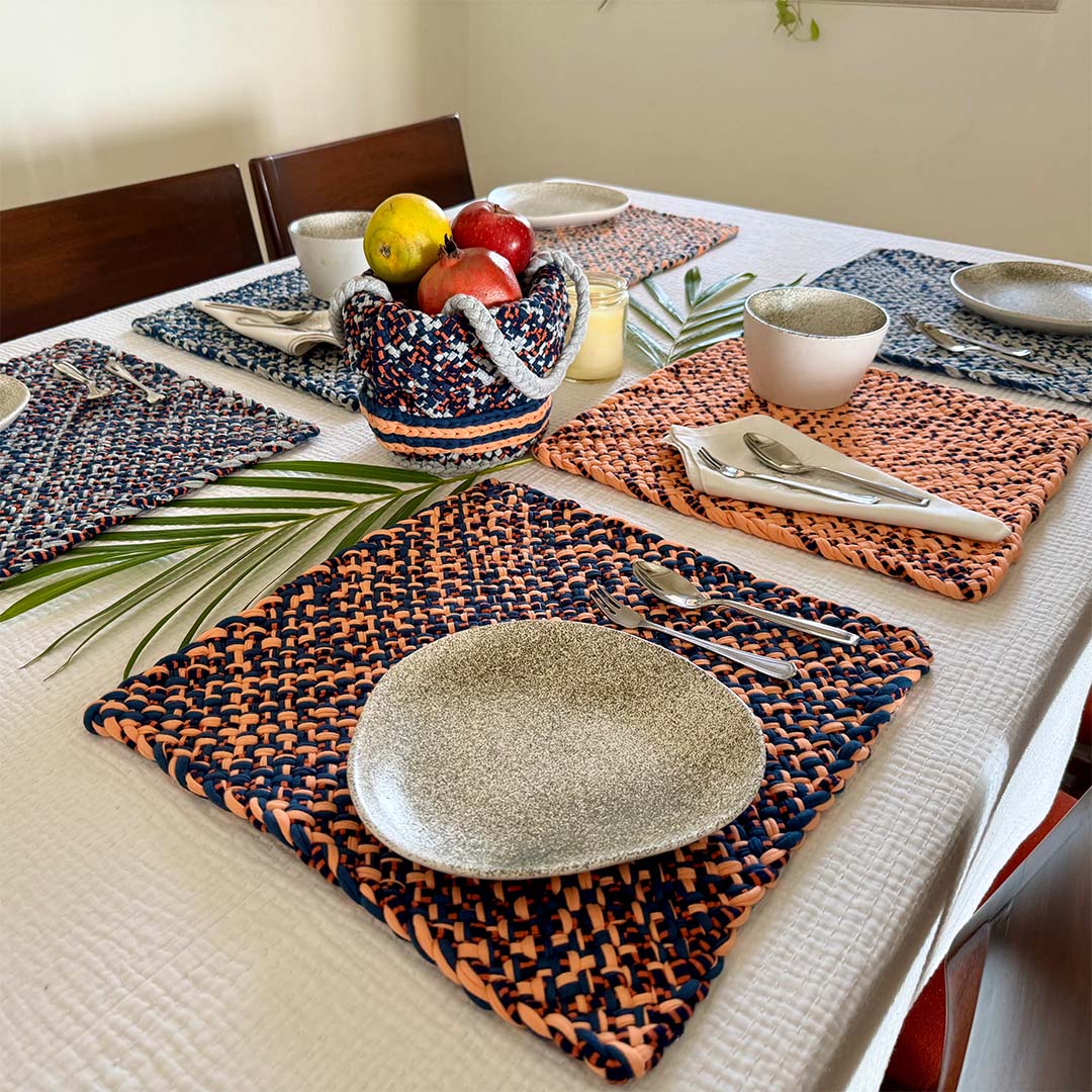 Image of Set of 6 Hand-Woven Square Placemats / Dining Mats Peach Navy Grey