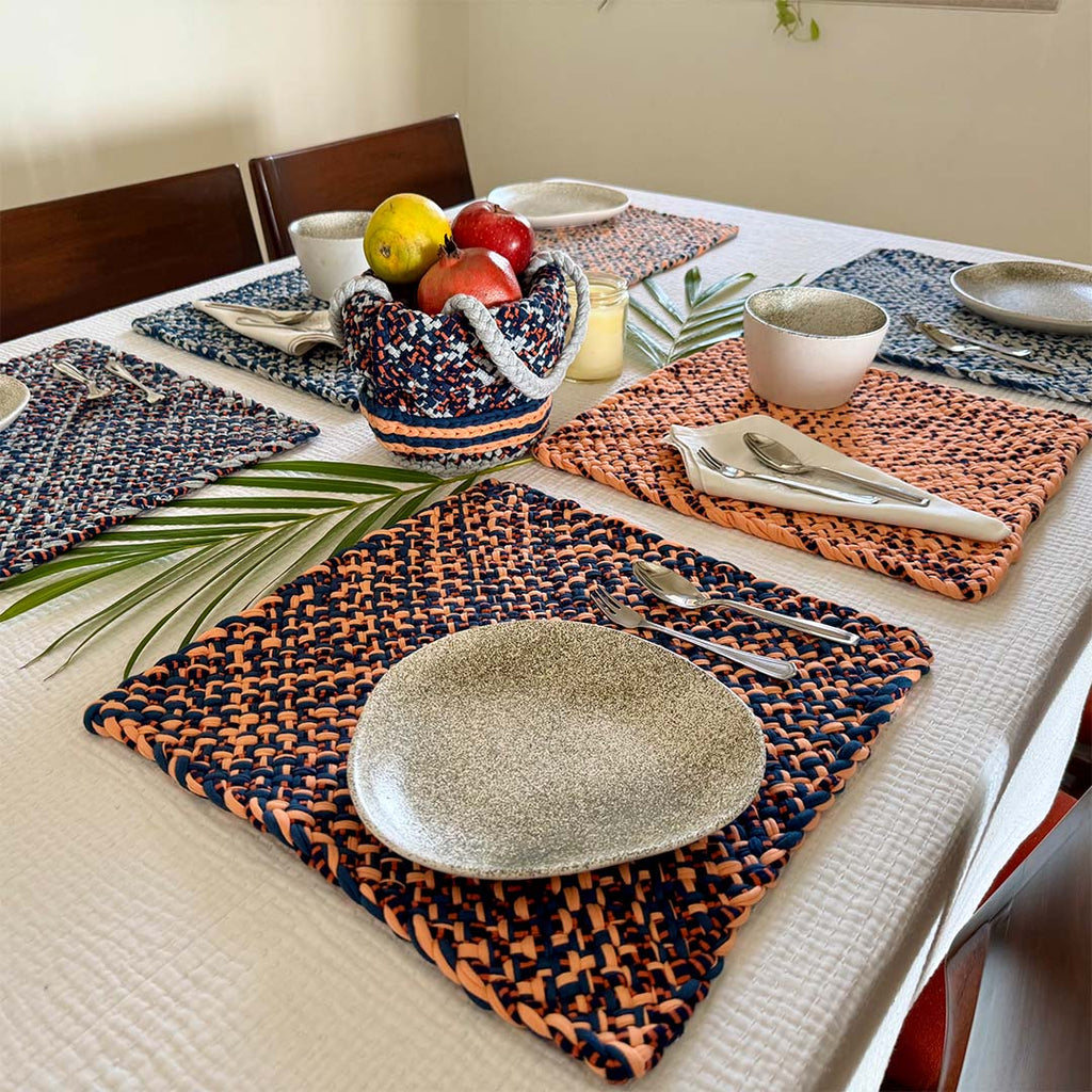 Set of 6 Hand-Woven Square Placemats / Dining Mats Peach Navy Grey