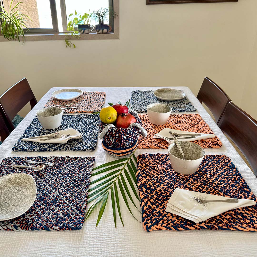Image of Set of 6 Hand-Woven Square Placemats / Dining Mats Peach Navy Grey