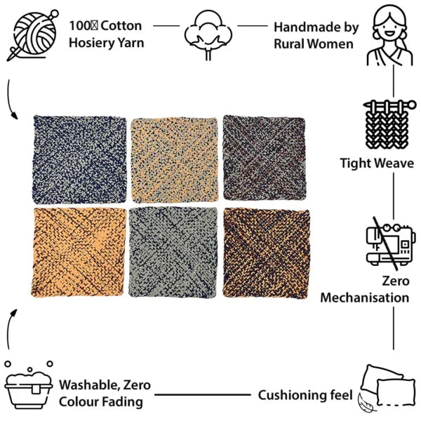 Image of Set of 6 Hand-Woven Square Placemats / Dining Mats Peach Navy Grey