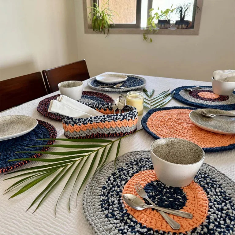 Image of Set of 6 Round Crochet Placemats / Dining Mats Peach Navy Grey Premium