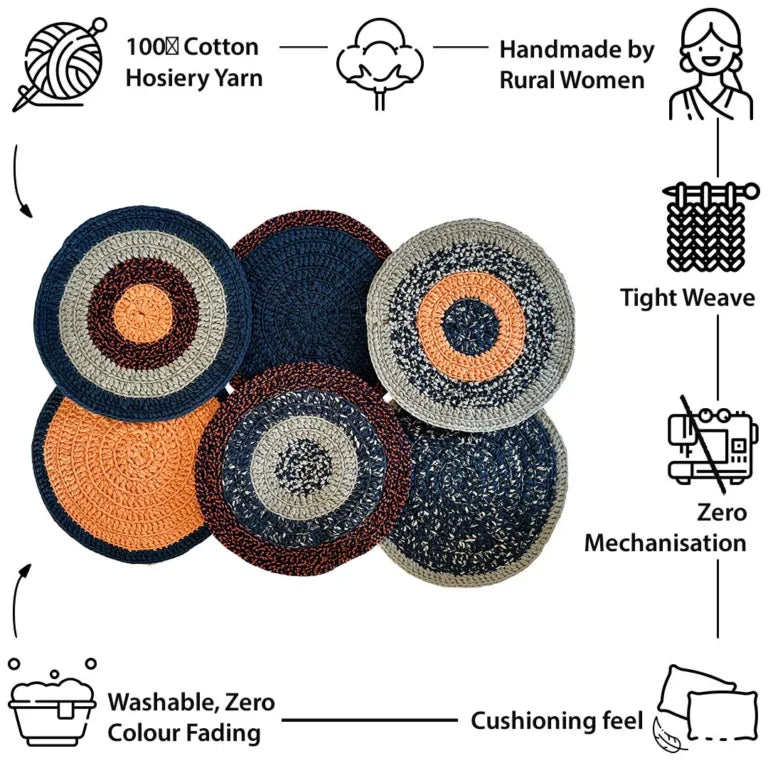 Image of Set of 6 Round Crochet Placemats / Dining Mats Peach Navy Grey Premium