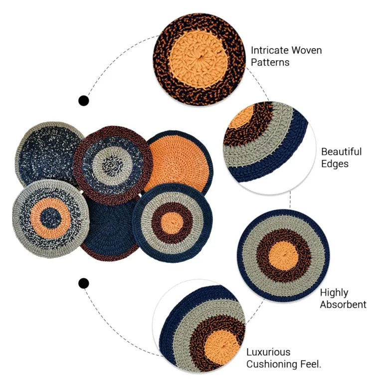 Image of Set of 6 Round Crochet Placemats / Dining Mats Peach Navy Grey Premium