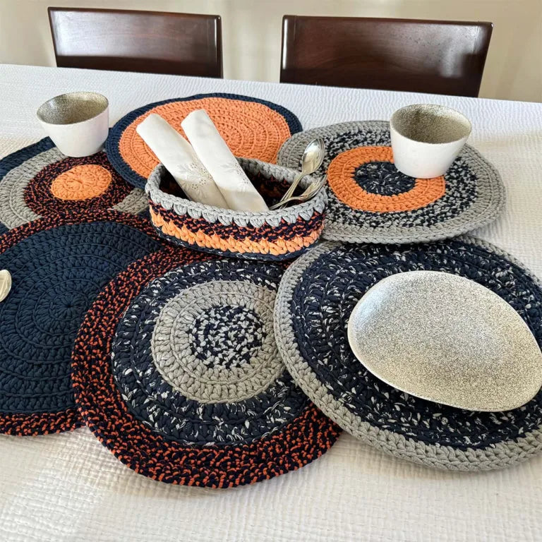 Image of Set of 6 Round Crochet Placemats / Dining Mats Peach Navy Grey Premium