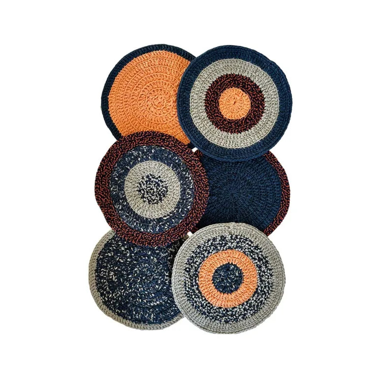 Image of Set of 6 Round Crochet Placemats / Dining Mats Peach Navy Grey Premium