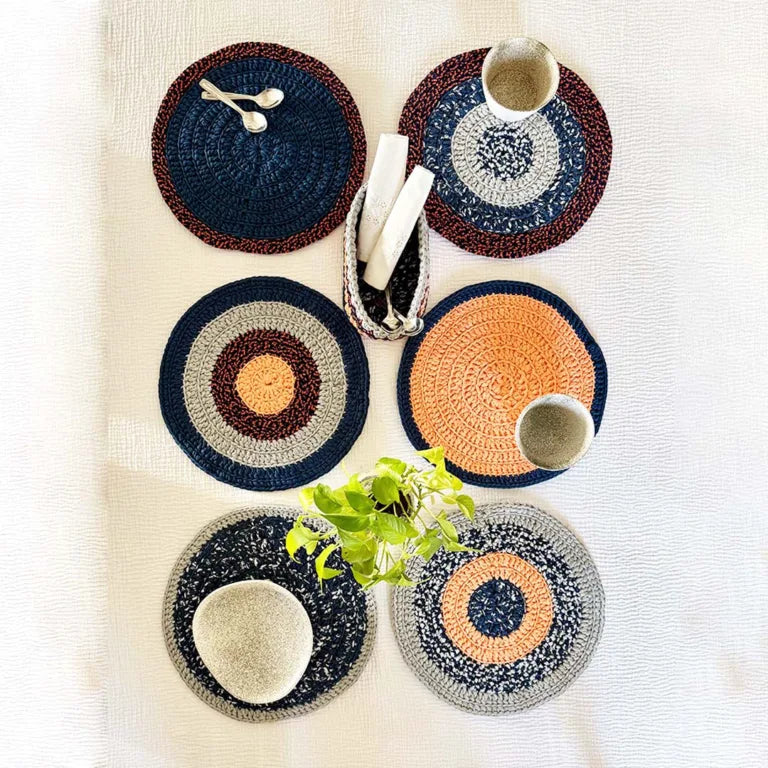 Image of Set of 6 Round Crochet Placemats / Dining Mats Peach Navy Grey Premium