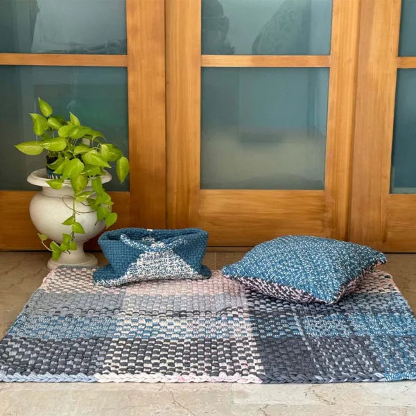 Image of Braided Edged Floor Rug / Throw | Blue, Pink, Off White, Grey