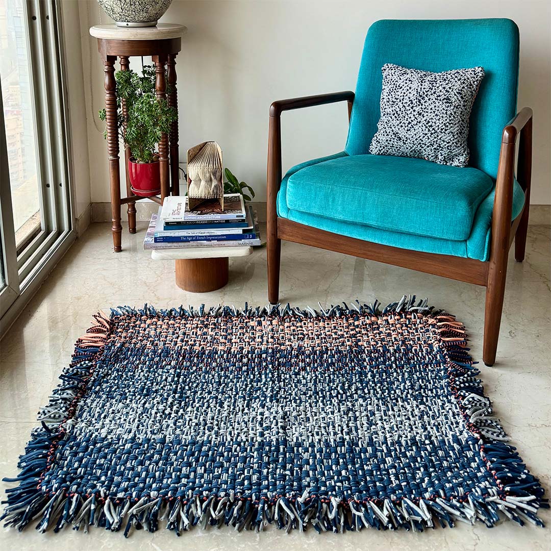 Image of Tassel Floor Rug / Throw Peach Navy Grey