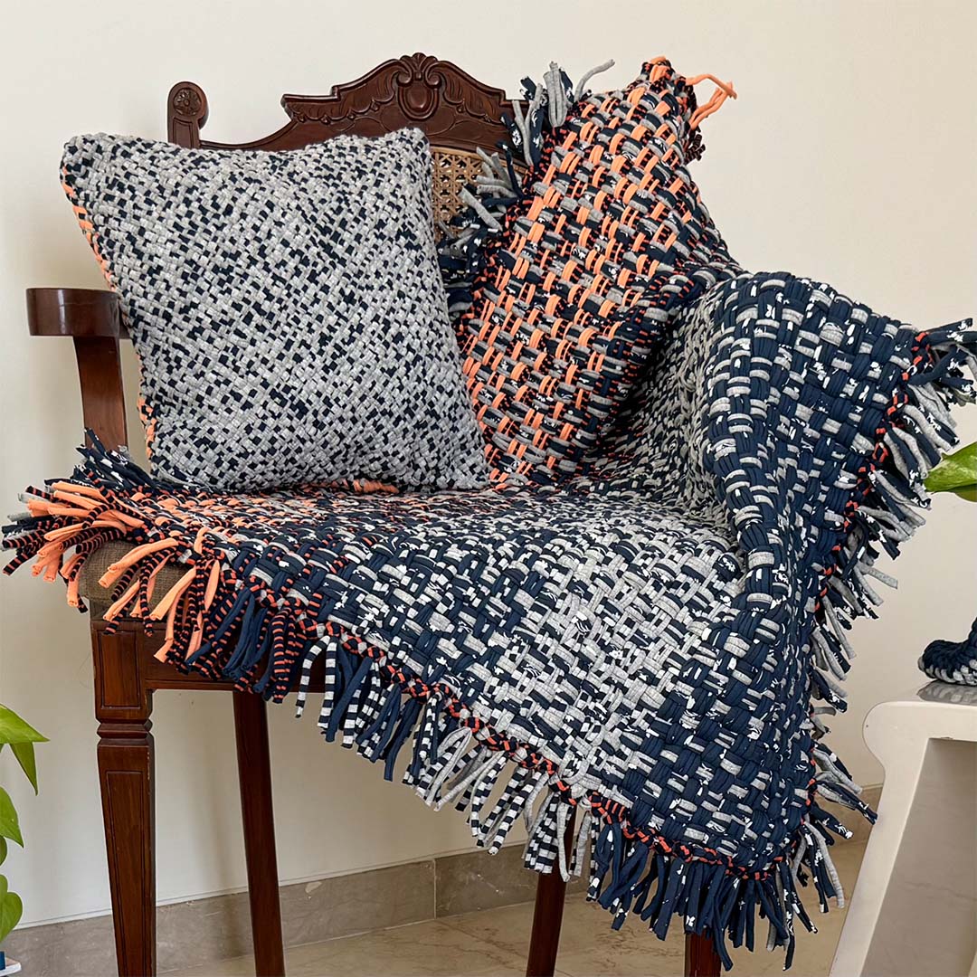 Image of Tassel Floor Rug / Throw Peach Navy Grey