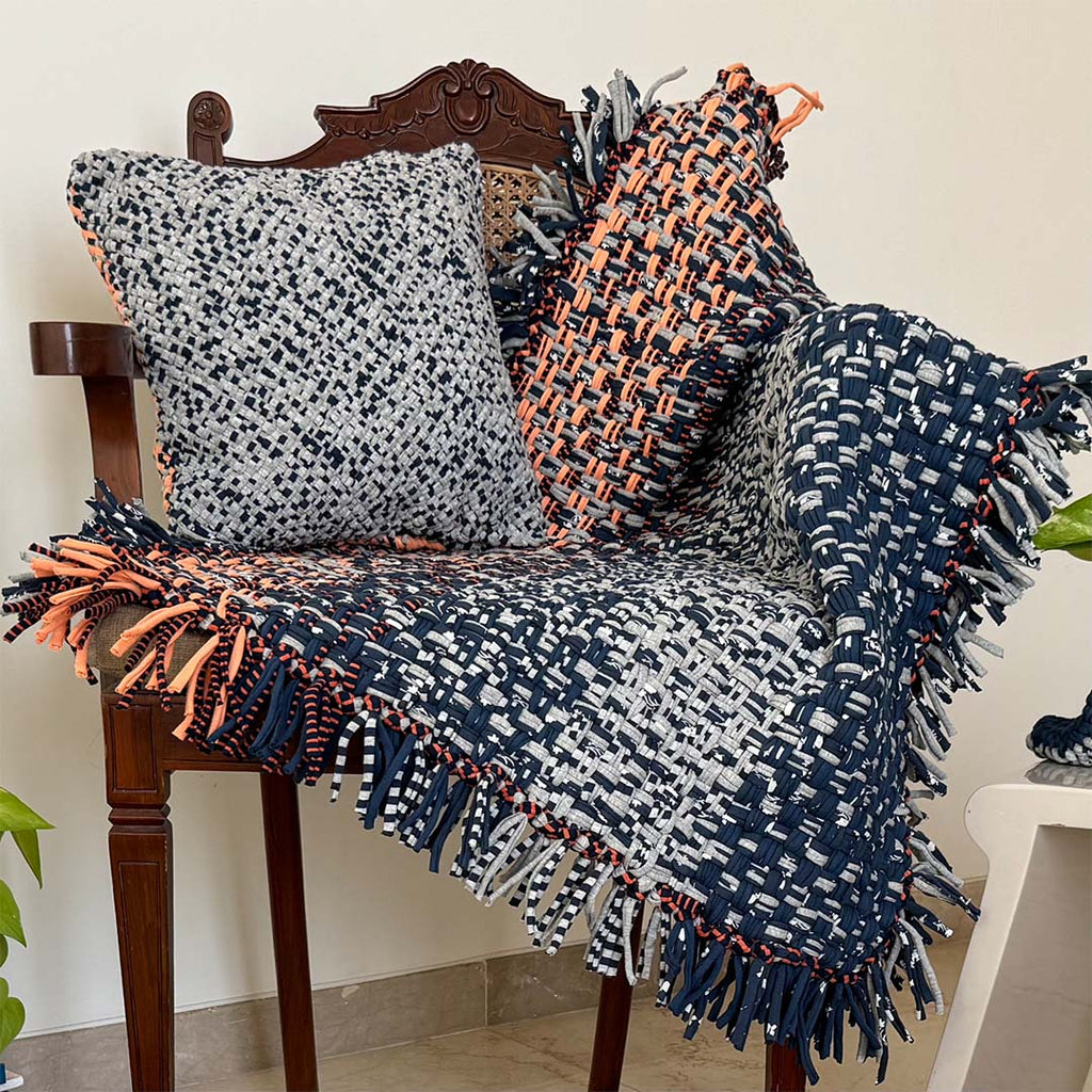 Tassel Floor Rug / Throw Peach Navy Grey