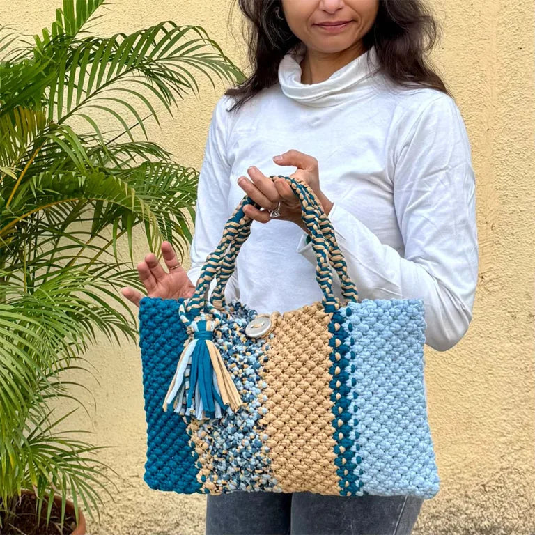 Image of Macrame Tote Medium Size Teal Blue Beige Shoulder and Hand carry