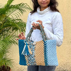 Macrame Tote Medium Size Teal Blue Beige Shoulder and Hand carry