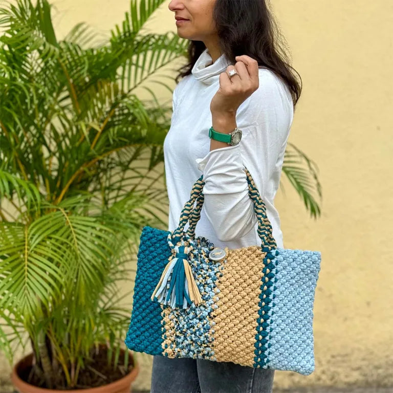 Image of Macrame Tote Medium Size Teal Blue Beige Shoulder and Hand carry
