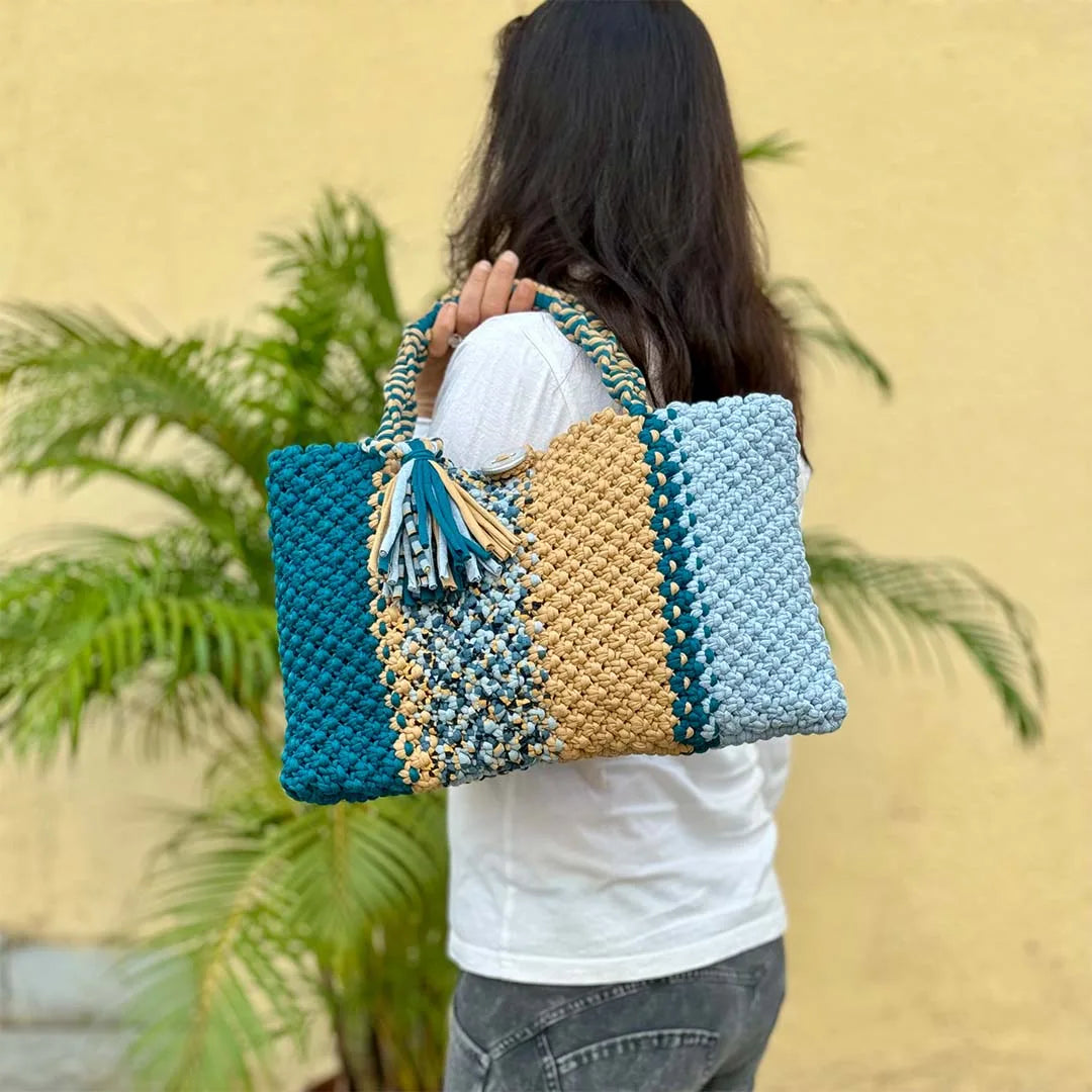 Image of Macrame Tote Medium Size Teal Blue Beige Shoulder and Hand carry