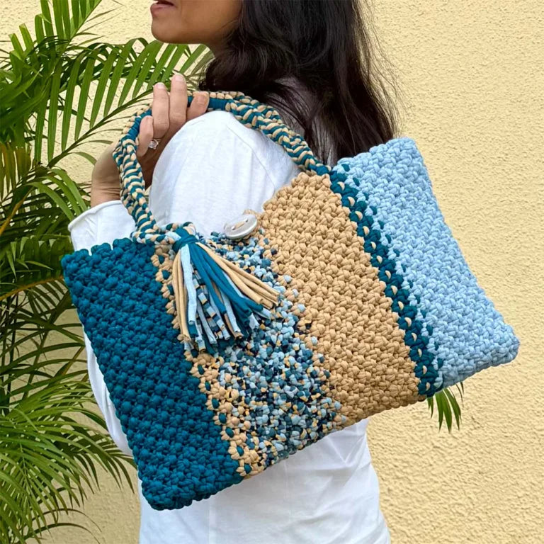 Image of Macrame Tote Medium Size Teal Blue Beige Shoulder and Hand carry