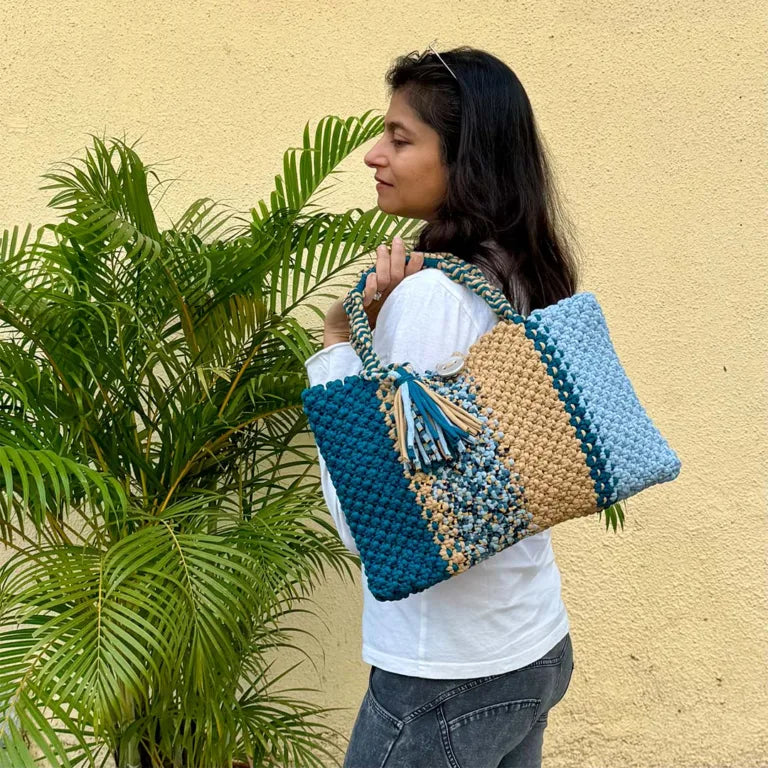 Image of Macrame Tote Medium Size Teal Blue Beige Shoulder and Hand carry