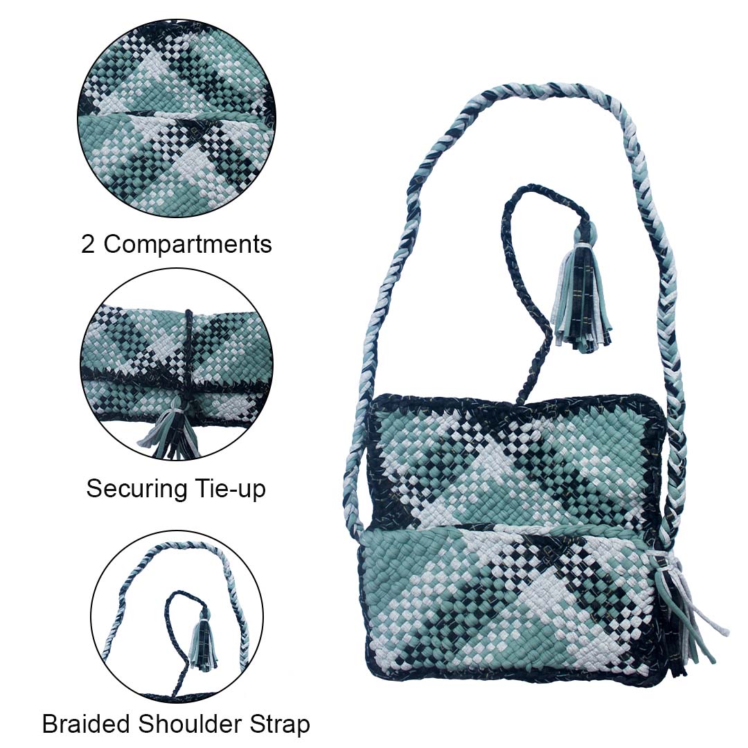 Image of Woven Sling Pouch Bags / Sling Purse / Cross-Body Bags Teal Grey Charcoal