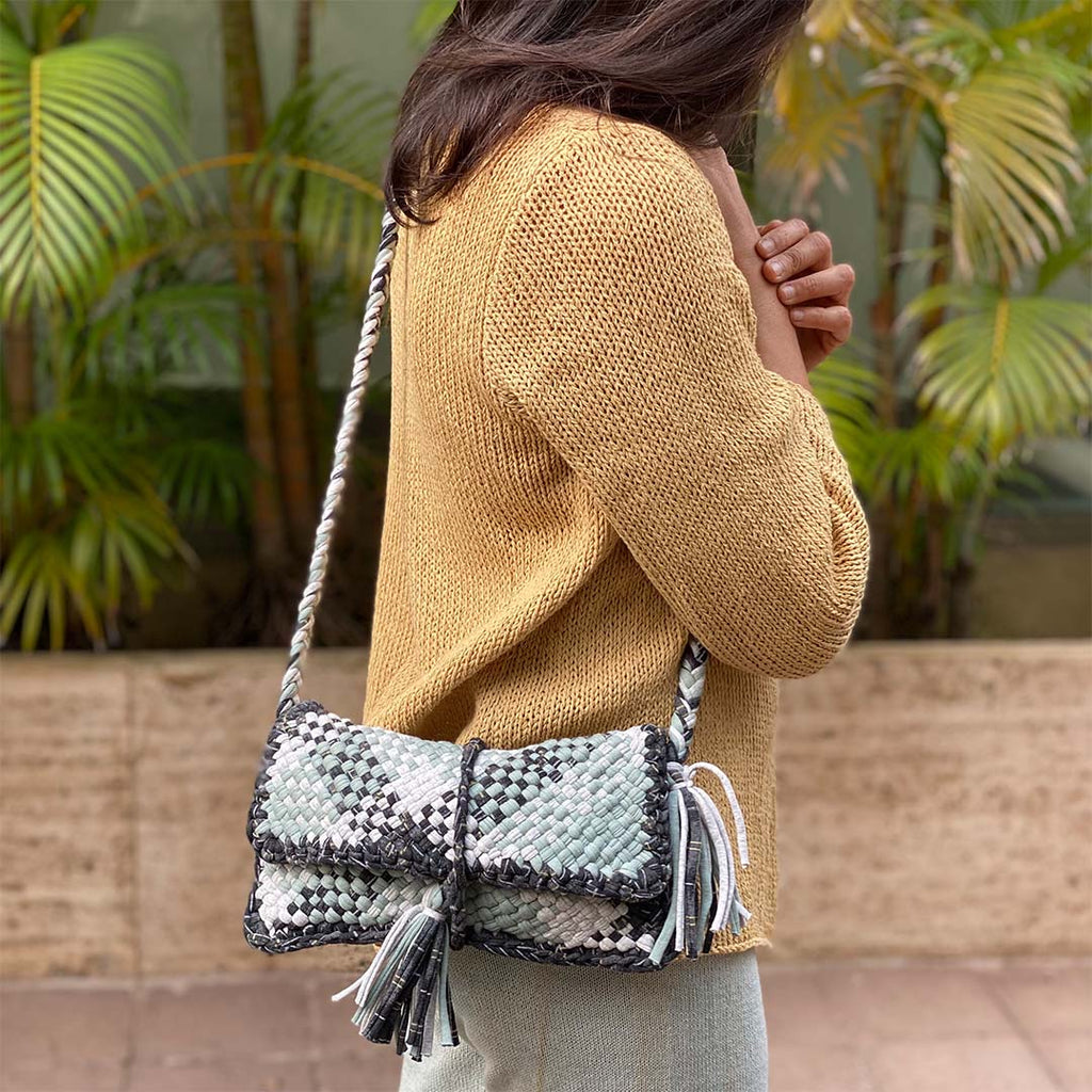 Woven Sling Pouch Bags / Sling Purse / Cross-Body Bags Teal Grey Charcoal