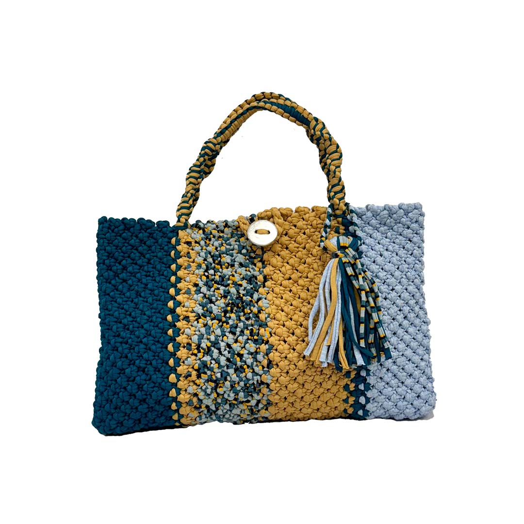 Image of Macrame Tote Medium Size Teal Blue Beige Shoulder and Hand carry