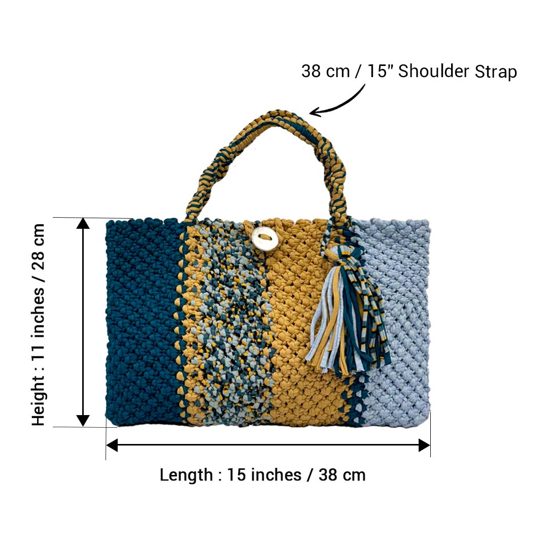 Image of Macrame Tote Medium Size Teal Blue Beige Shoulder and Hand carry