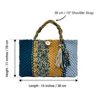 Macrame Tote Medium Size Teal Blue Beige Shoulder and Hand carry