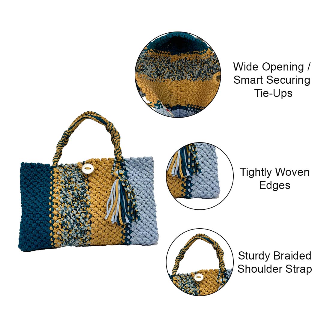 Image of Macrame Tote Medium Size Teal Blue Beige Shoulder and Hand carry