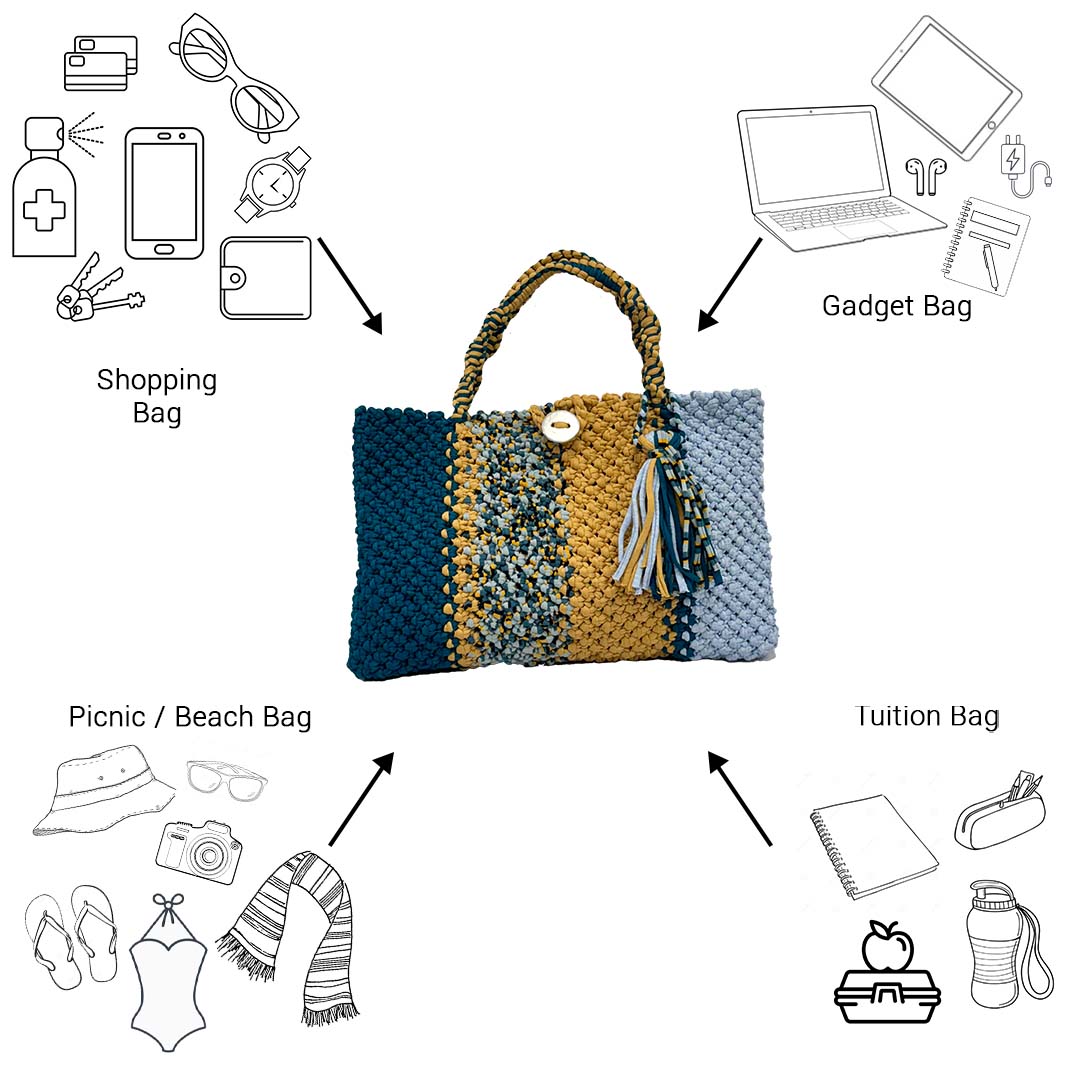 Image of Macrame Tote Medium Size Teal Blue Beige Shoulder and Hand carry