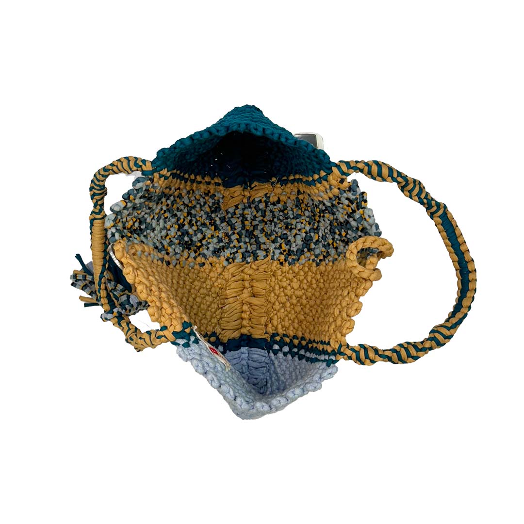 Image of Macrame Tote Medium Size Teal Blue Beige Shoulder and Hand carry