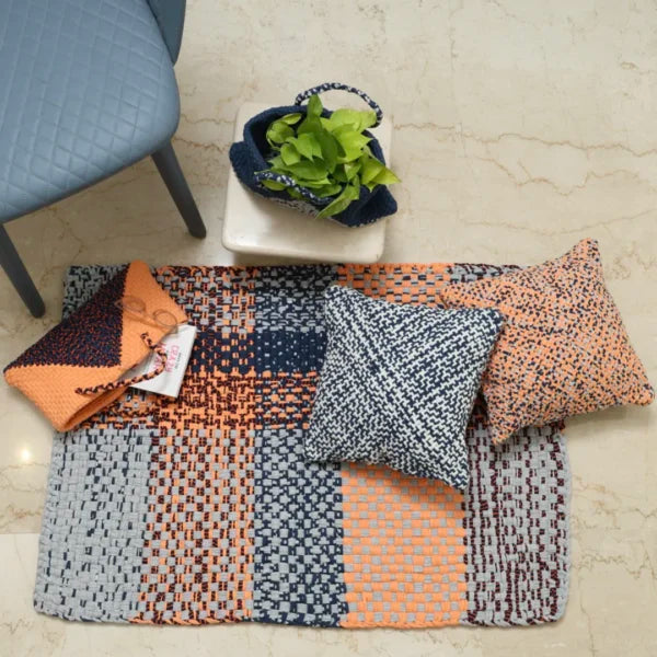 Image of Braided Edged Floor Rug / Throw | Peach, Navy, Grey