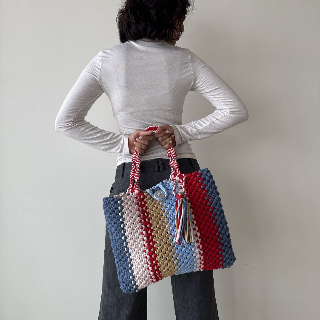 Macrame Tote-Medium |  Red, Blues, Beige
