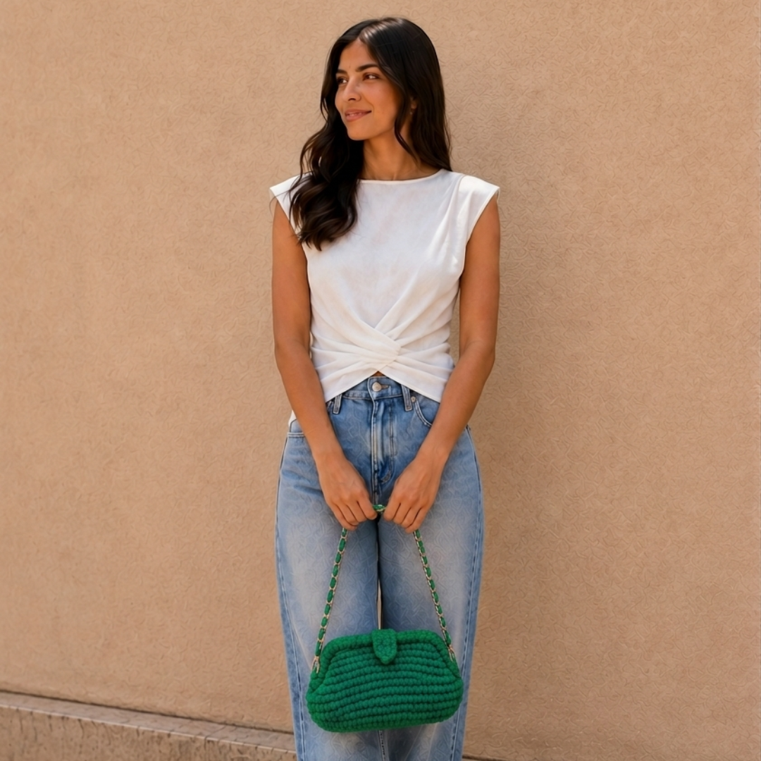Crochet Snap Clutch | Green / Hand or Shoulder Carry