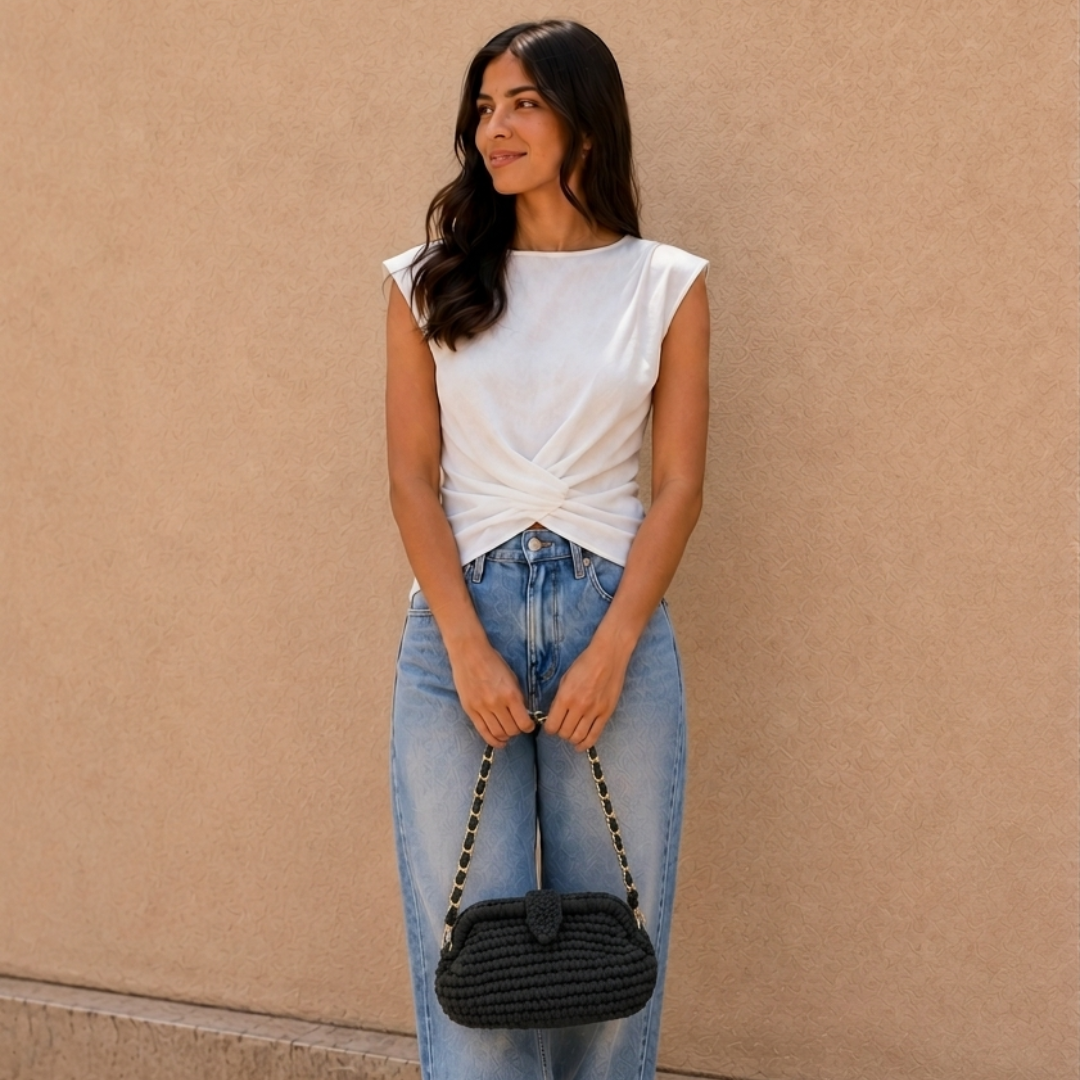 Crochet Snap Clutch | Black / Hand or Shoulder Carry