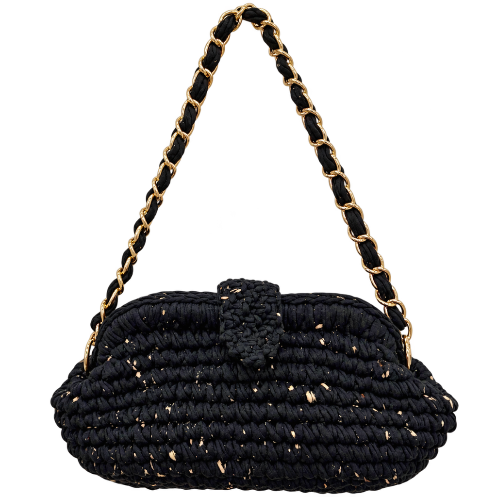 Crochet Snap Clutch | Black Sprinkle / Hand or Shoulder Carry