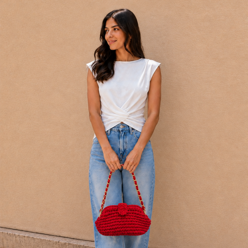 Crochet Snap Clutch | Red / Hand or Shoulder Carry