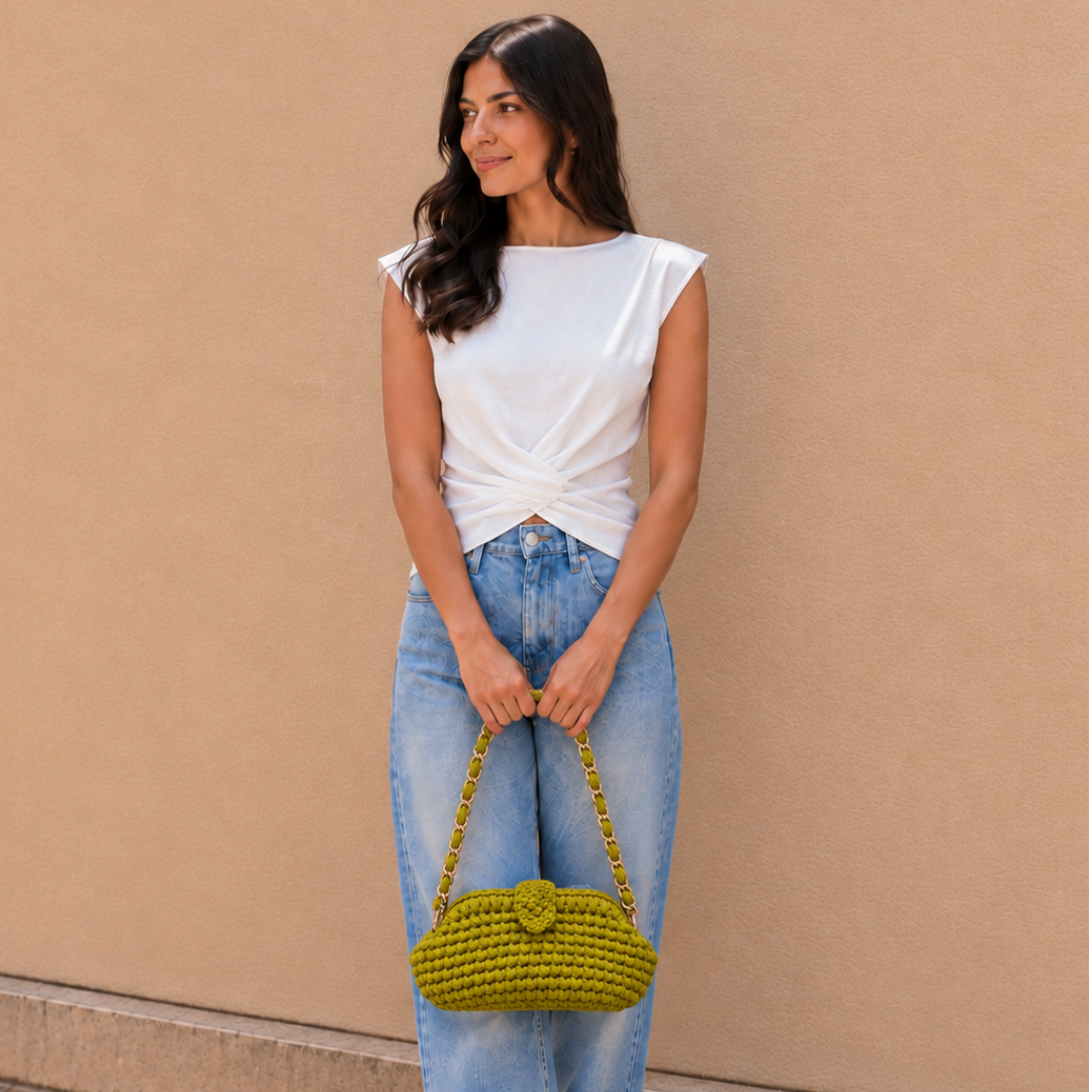 Crochet Snap Clutch | Olive / Hand or Shoulder Carry