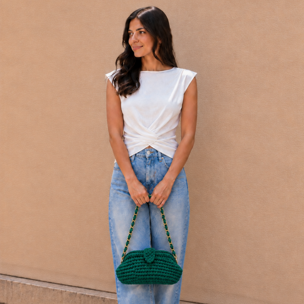 Crochet Snap Clutch | Deep Emerald / Hand or Shoulder Carry