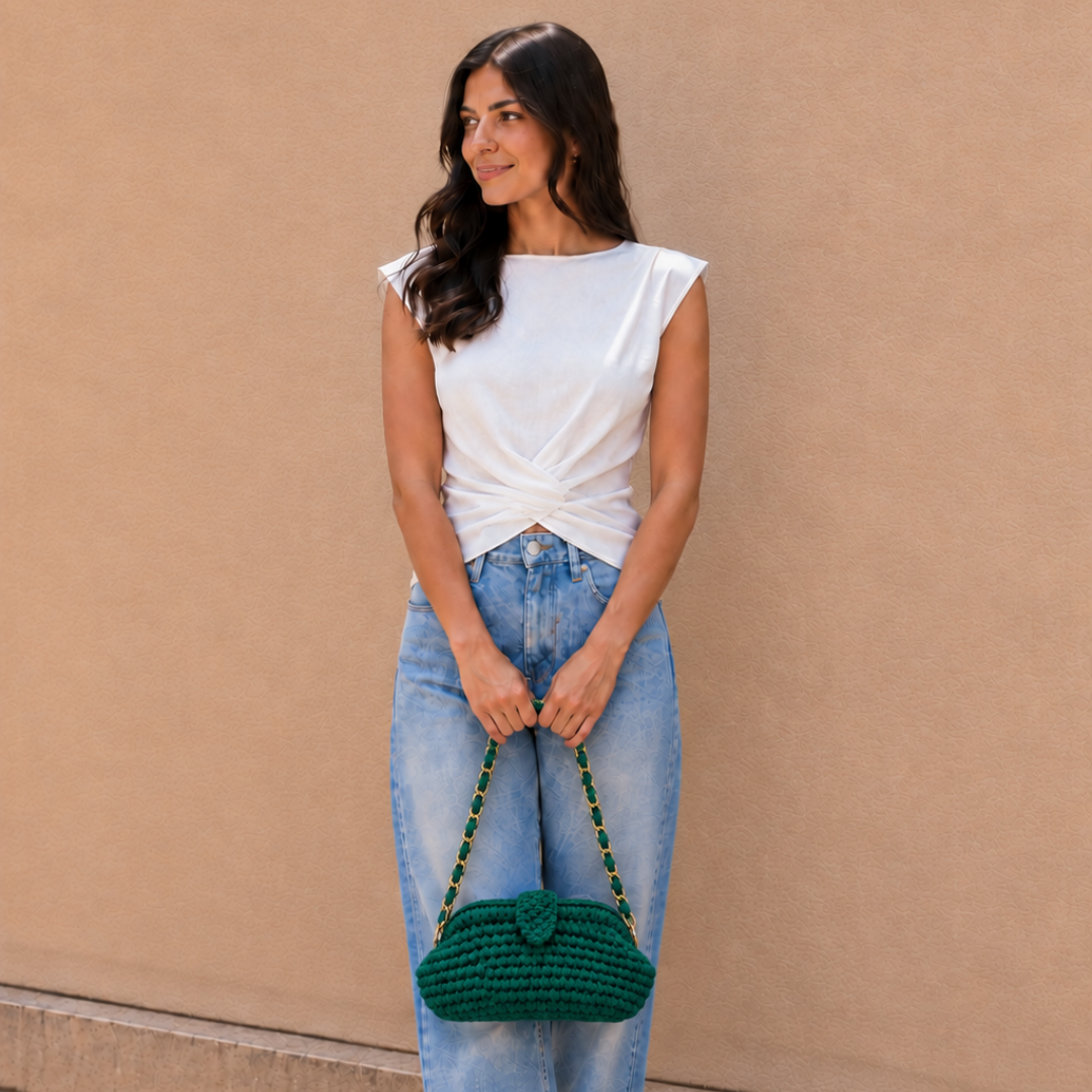 Crochet Snap Clutch | Deep Emerald / Hand or Shoulder Carry