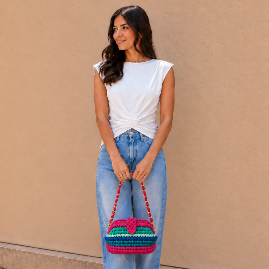 Crochet Snap Clutch | Bright Peacock / Hand or Shoulder Carry