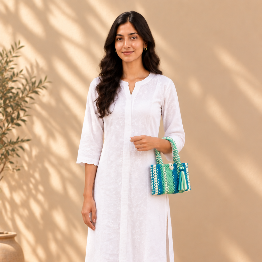 Macrame Mini Blue, Aqua Off white Sea Green | Hand carry