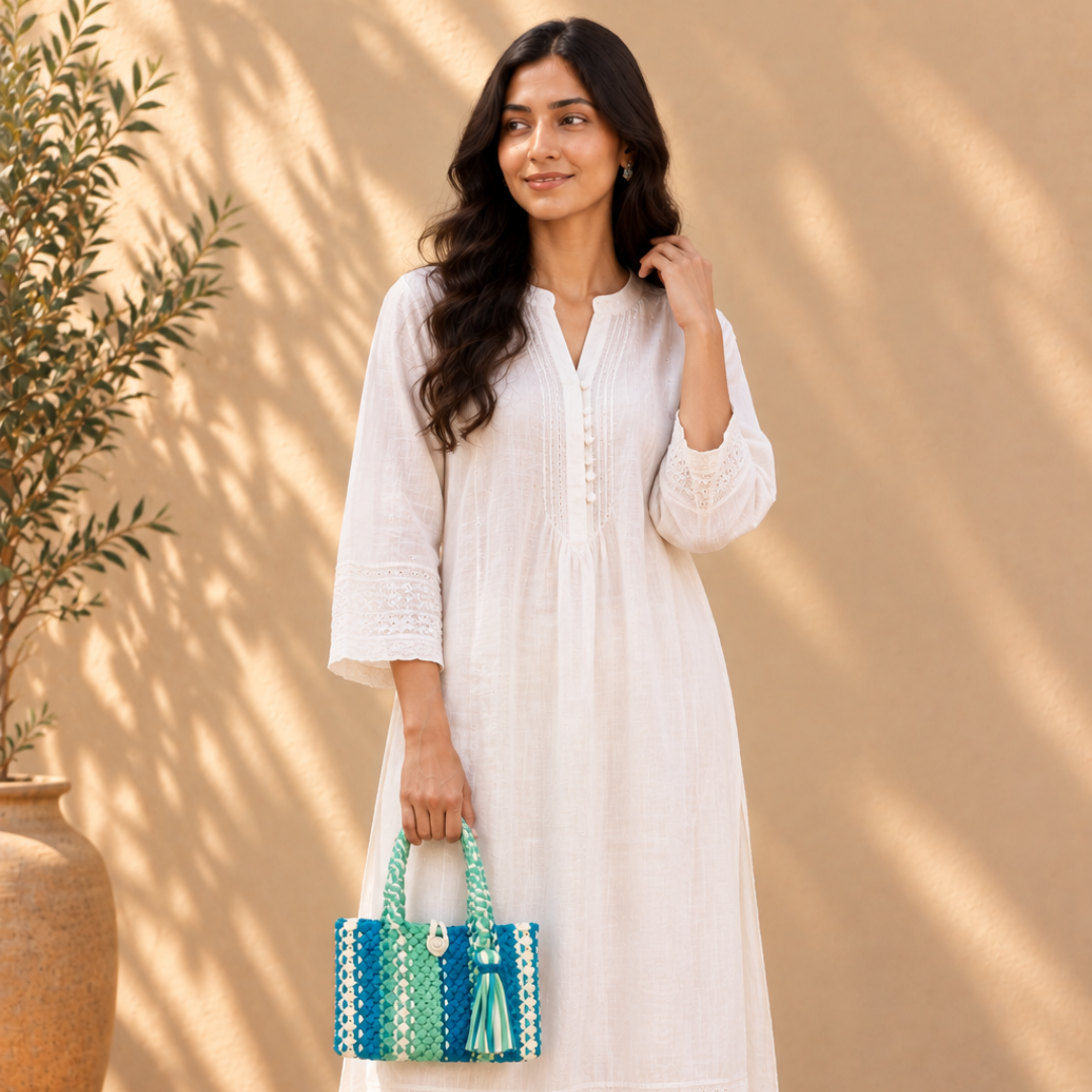 Macrame Mini Blue, Aqua Off white Sea Green | Hand carry