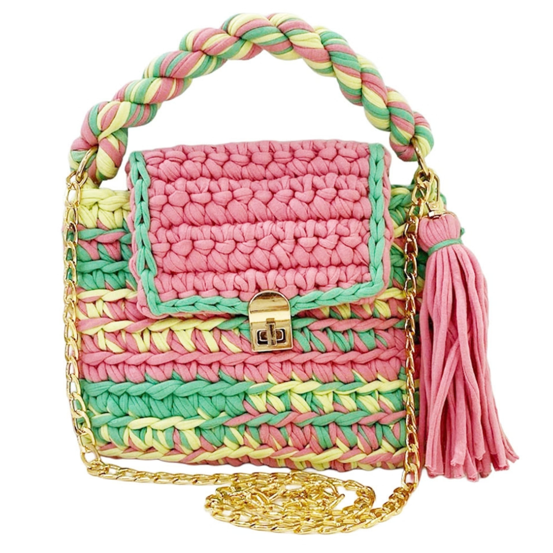 Crochet Purse | Pink-Lime-Green / Hand or Shoulder Carry