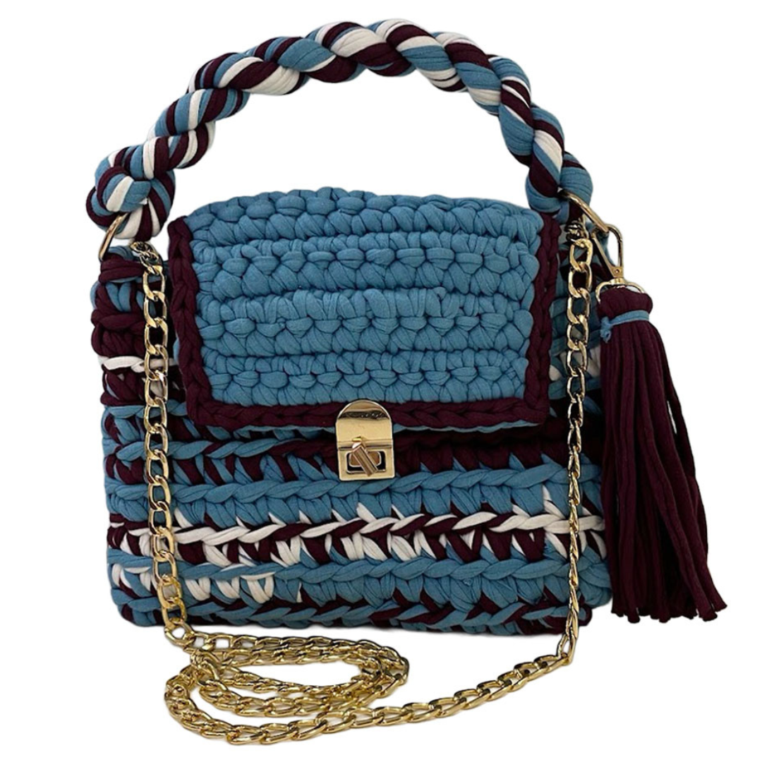 Crochet Purse | Burgundy-Blue-White / Hand or Shoulder Carry